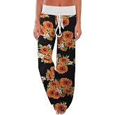 iChunhua Women's Comfy Stretch Floral Print Drawstring Palazzo Wide Leg Lounge Pant