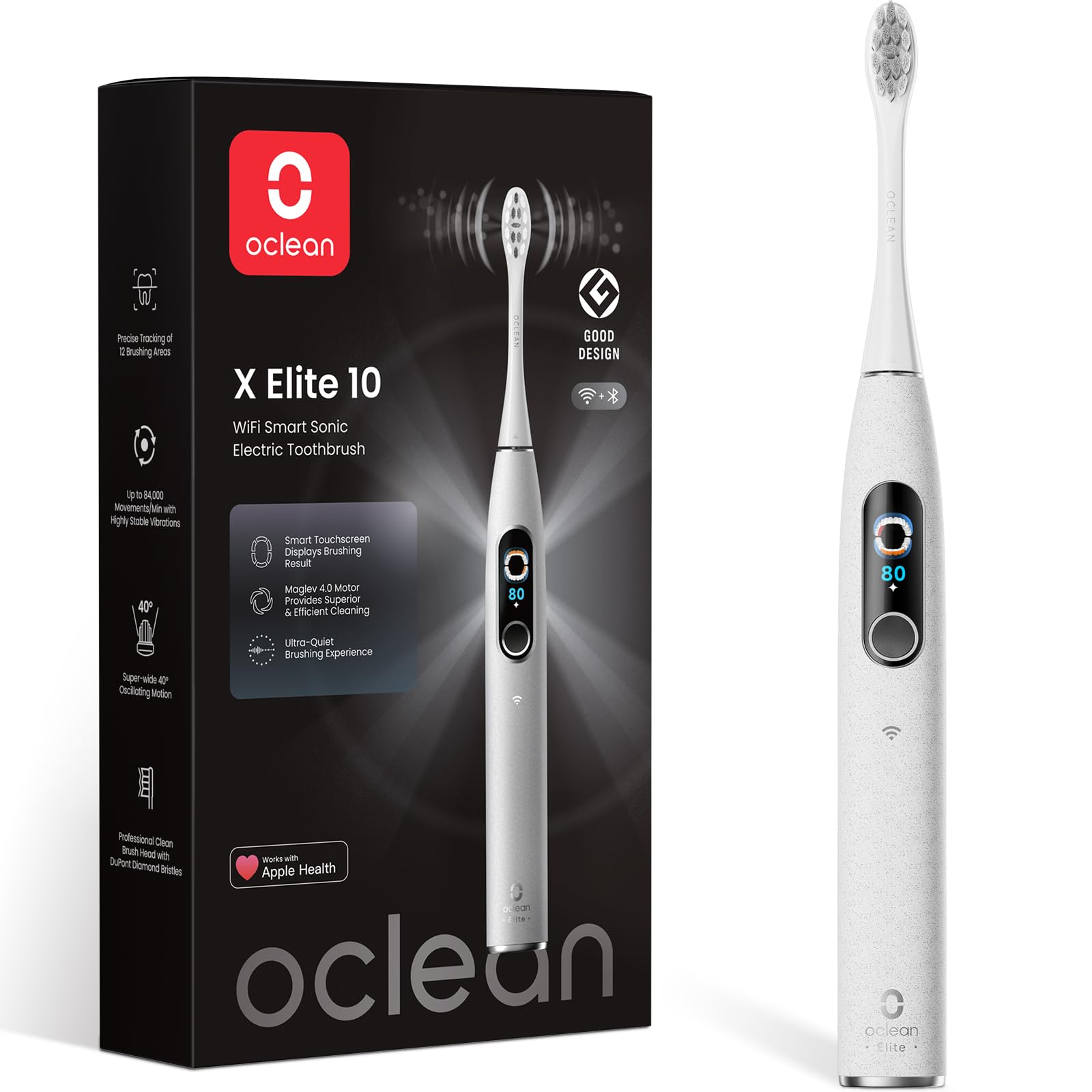 Oclean elektrische Zahnbürste X Elite 10, Touchscreen mit 12 Bereichsverfolgung, 5 Putzmodi Schallzahnbürste mit Timer, 40 Tage Akkulaufzeit Sonic Electric Toothbrush, 45dB, Grau