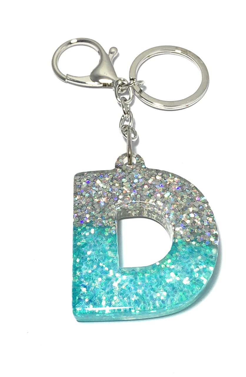 FizzyButton Gifts Initial Letter Keyring Key Ring and Lobster Clasp with Turquoise and Silver Glitter Charm (Letter D)