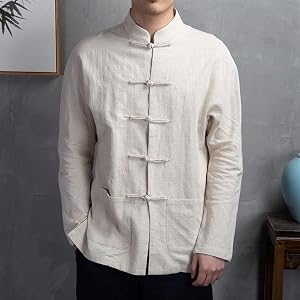 Men's Chinese Tang Suit Jacket for traditional Kung Fu Tai Chi Uniform Stand Collar Long Sleeve Linen Cotton Cardigan Coat fo