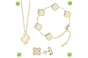 NCCEN Lucky Clover Sets 18K Gold Plated(White) Lucky Clover Bracelet,Lucky Clover Earrings,Lucky Clover Necklace,Cute Jewelry Gifts for Women Teen Girls