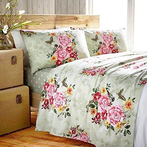 Marmorino Butterfly Roses Birds Flannel Cotton Fitted and Flat sheet set with Pillowcase (Double, Marmorino Green)