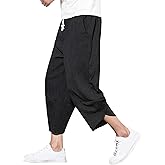 PRIJOUHE Men's Harem Capri Pants, Wide Leg Mens Capris, Summer Linen Pants