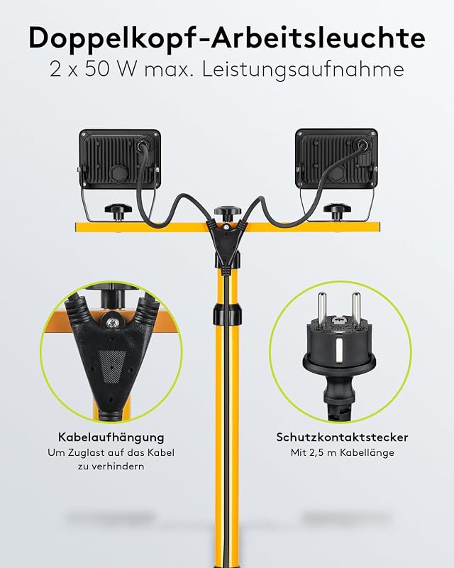 2 x 50W Baustrahler LED mit Stativ einstellbar und 2,5m Kabel für Baustelle, Werkstatt oder Keller - IP65 Baulampe LED für Innen- & Außenbereich - Strahler 2x8500 Lumen kaltweißes Licht 6500K