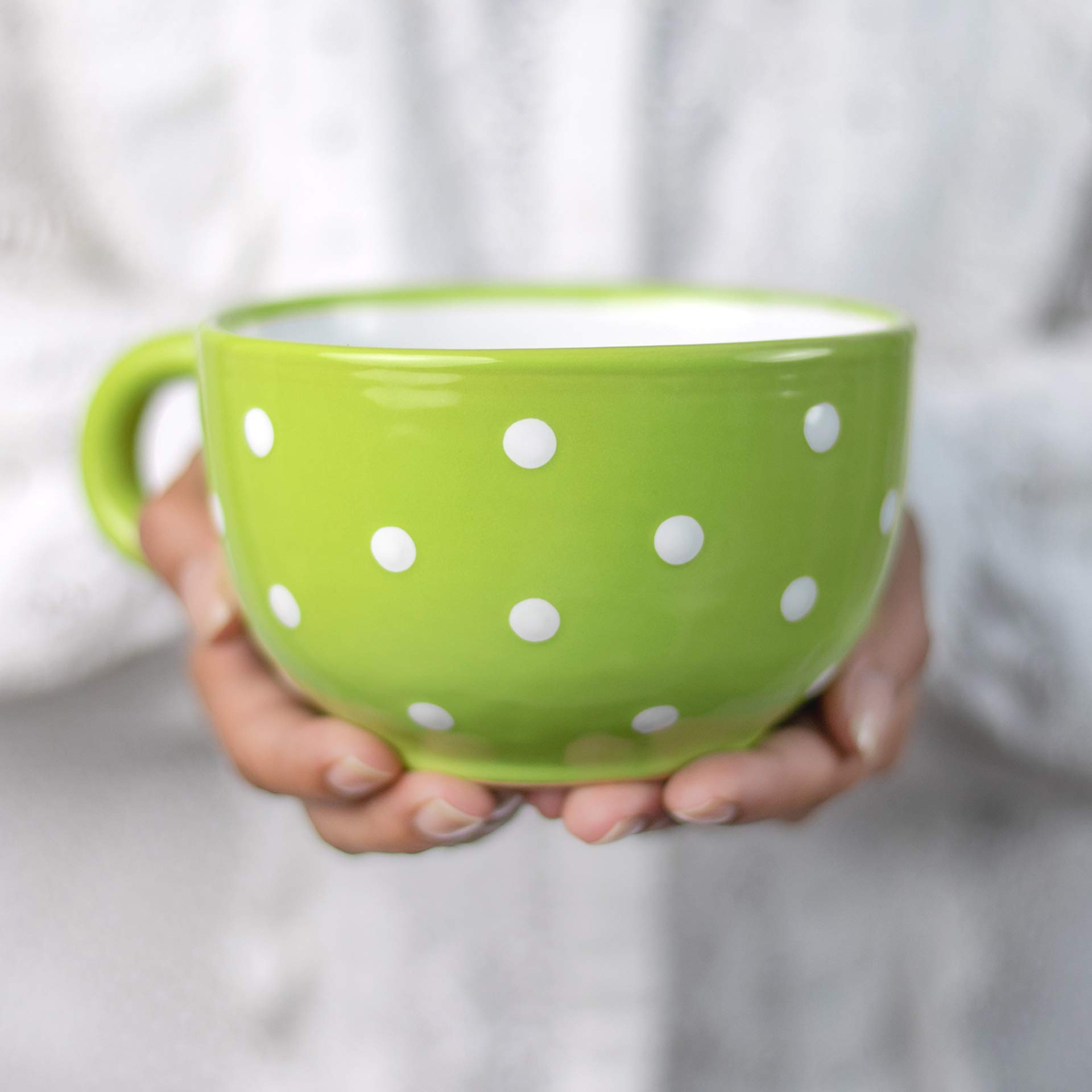 City to Cottage® Lime Green and White | Polka Dot Spotty | Designer Handmade Hand Painted | Unique Ceramic Extra Large 17.5oz/500ml | Cappuccino Coffee Tea Soup Mugs Cups with Handle | Gift