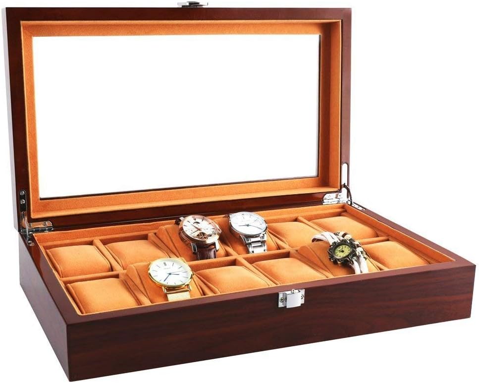 Watch Box Wooden 5 Slots Watch Case Jewelry Display Storage Boxes with Glass Top and Removal Storage Pillows Gift Box for Men Women Birthday Valentine's Day Father's Day- Brown