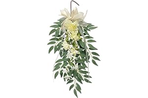 PRTECY Artificial Hydrangea Teardrop Swag Hanging Floral Spring Swag Wreath with Willow Leaves Fake Plant Ivy Branch for Front Door Wedding Arch Window Wall Decor(White)