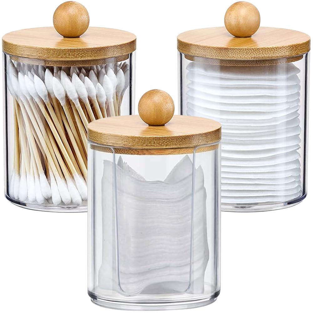 YZDZSW Cotton Bud Holder, 3 Pcs Cotton Swab Dispenser, Cotton Swab Holder Bathroom Jars Cotton Pad Holder with Lids Cotton Bud Storage Box for Living Room Bedroom (7 x 10 cm)