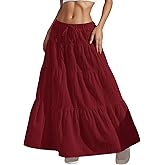 HOUZONIY Womens Maxi Skirt Flowy Elastic Waist Tiered Pleated A Line Summer Boho Trendy Cute Pull On Long Skirts