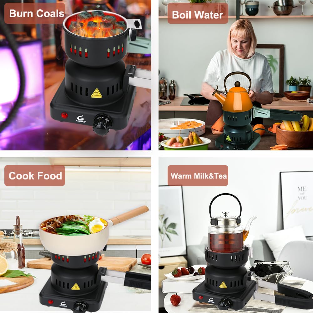 Multipurpose Charcoal Starter - Coal Burner Hot Plate Electric Stove Coconut Starter with Stainless Detachable Tongs, 4.9Ft Longer Cords, 600W Faster Heating for BBQ Kitchen etc.