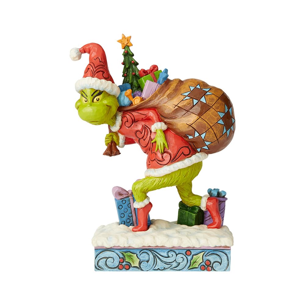 Enesco Dr. Seuss Grinch by Jim Shore Santa Grinch Figurine Tip Toeing with Gifts, Grinchmas Stone Resin Hand Crafted Collectible Christmas Figurines Home Decor Sculpture Statue, 7.68 Inch, Multicolor