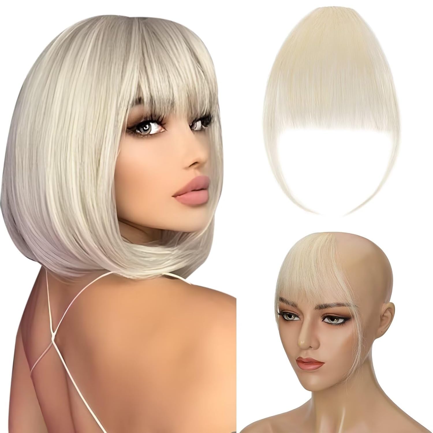 Silk-co #613 Bleach Blonde Fringe Hair Piece Human Hair Bangs Clip in Hair Extension Thin Front Bang Real Remy