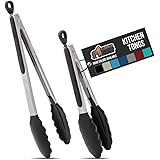Gorilla Grip Stainless Steel Kitchen Tongs, 2 Piece Set Includes 9 and 12 Inch Locking Tong, Heat Resistant Premium Silicone 