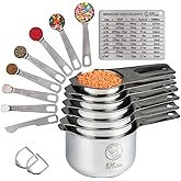 Stainless Steel Measuring Cups and Spoons Set of 16-7 Cup & 7 Spoon + Conversion Chart & Leveler - Kitchen Measuring Spoons a