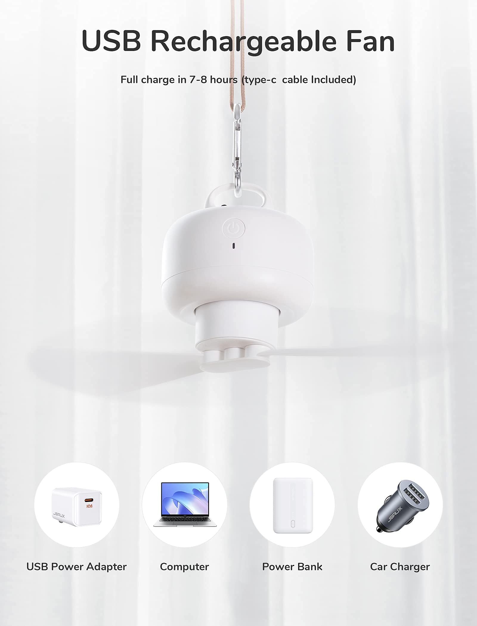 JISULIFE Camping Fan 8000mAh Battery Operated, Portable Tent Rechargeable with Remote Control, Detachable Fan-Blades, Hanging Hook, Timer, 4 Speeds for Outdoor Dorm-White