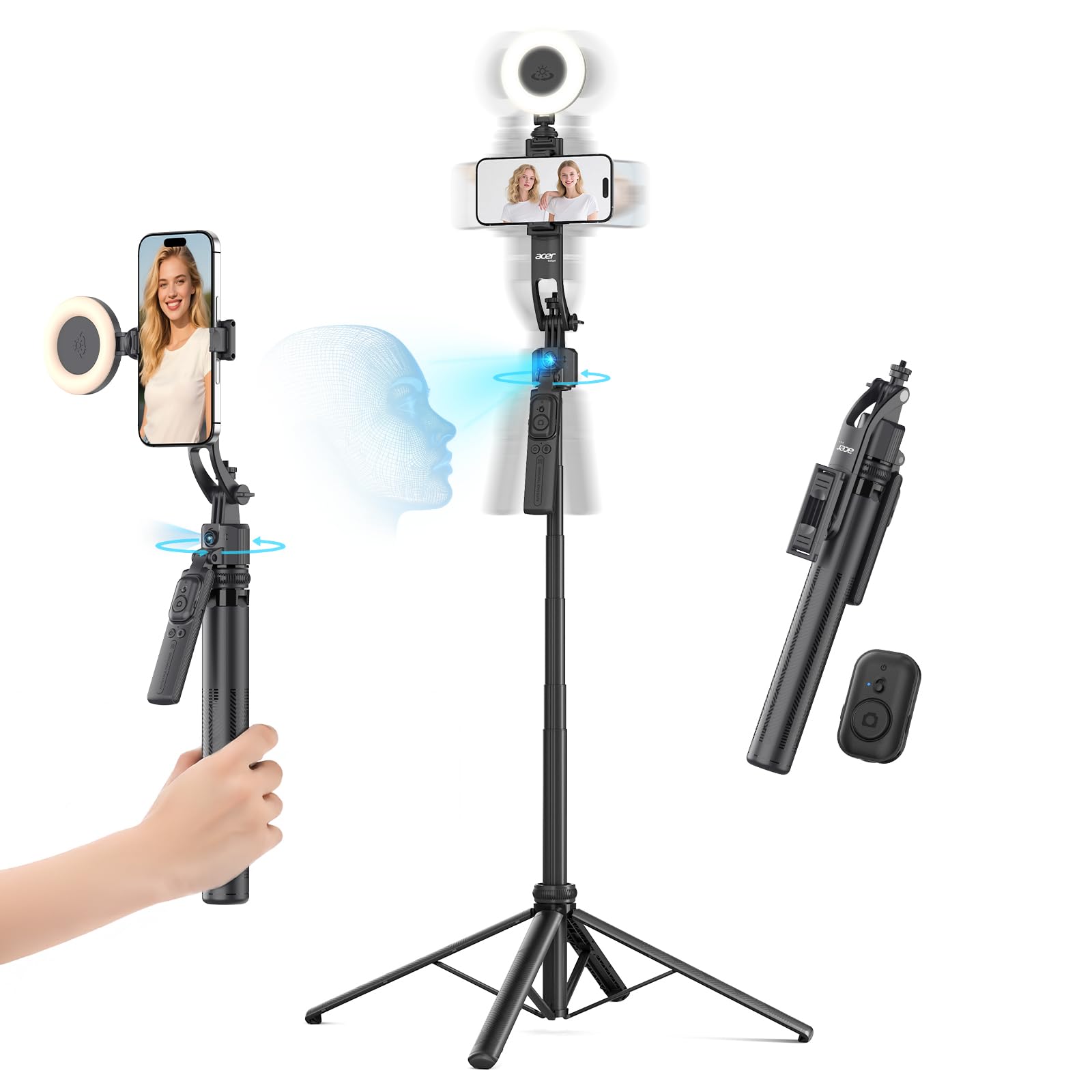 Acer Gadget Auto Face Tracking Tripod for iPhone/Cell Phone/Android/Camera with Light and Remote, 64", No App, 360°Rotating Tripod Selfie Stick for Tiktok YouTube Vlog Live Streaming Video Recording