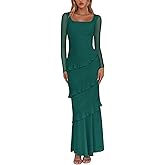 Nova In Sky Women's Wedding Guest Dress Maxi Long Sleeve Mesh Ruffle Formal Bodycon Mermaid Evening Cocktail Long Dress