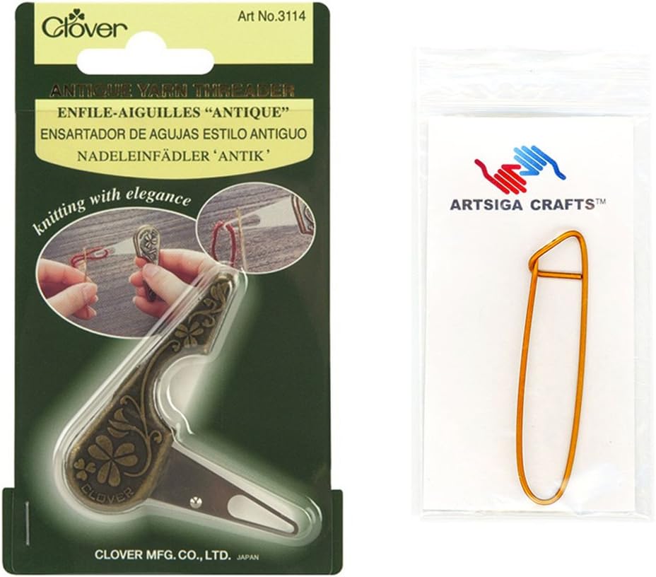 Clover Needlecraft Antique Yarn Threader Bundle with 1 Artsiga Crafts Stitch Holder 3114