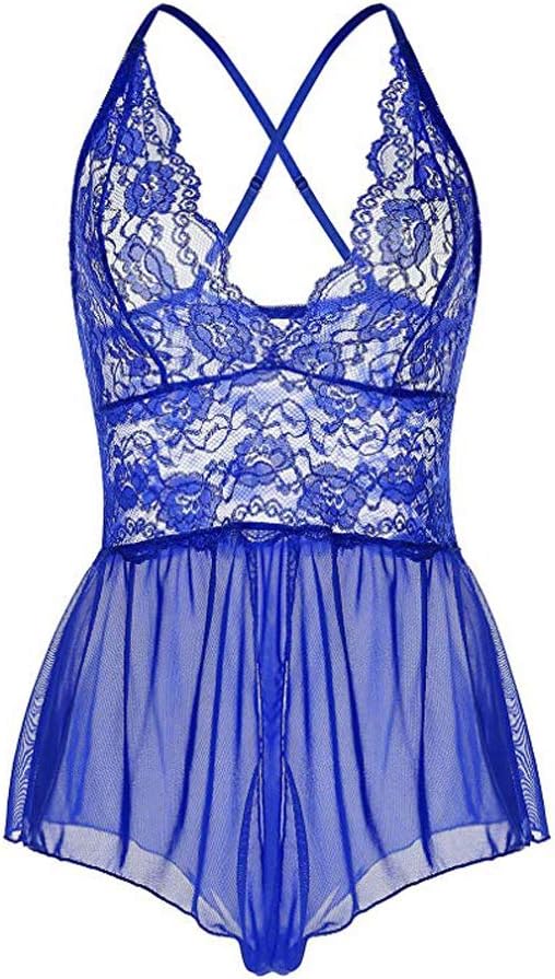 SpicyIzzy Women's Lingerie Open Crotch See Through Underwear One Piece V-String Lace Mess Crotchless Miniskirt Undergarment Babydoll Dress Plus Size(XXL, Blue)