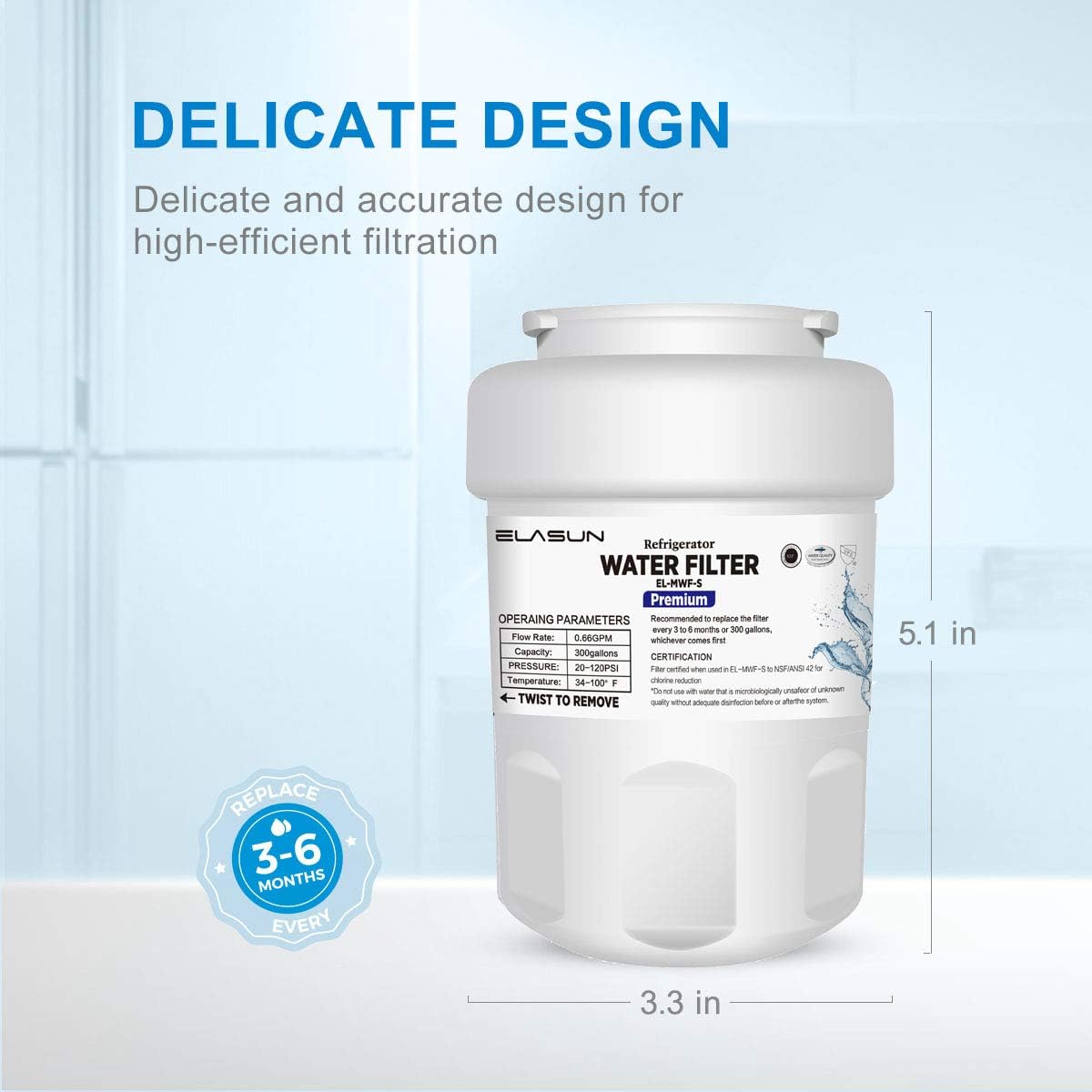 ELASUN Replacement GE MWF Refrigerator Water Filter, Compatible With EL-MWF-S MWF, MWFP, MWFA, GWF, GWFA,Kenmore 9991, 469991 Premium (3 Pack): Kitchen & Dining