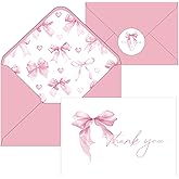 IANFEPH 24Pcs Pink Bow Thank You Cards Coquette Bow Greeting Cards with Envelopes and Stickers Pink Bow Blank Note Cards Watercolor Bow Greeting Cards for Wedding Birthday Bachelorette Party Supplies