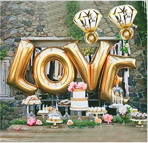 Ruimeier Love Balloons (40 Inch) and I Do Diamond Ring Balloons (27 Inch) Golden Large Foil Balloon Set for Wedding Bridal Shower Anniversary Birthday Party Vow Renewal Decorations H007A