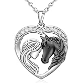 Fenthring Horse Necklace for Women 925 Sterling Silver Black Horse Pendant Necklace Horses Gifts Heart Mothers Day Equestrian