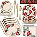 Holiday Poinsettia Dinnerware w/Shiny Gold Trim - 40 Servings - Dinner Plates, Dessert Plates, Napkins, 8 Oval Serving Trays, Gold Plastic Cutlery - for Elegant Christmas Parties
