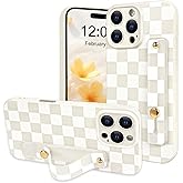 NITITOP Compatible with iPhone 16 Pro Case with Wrist Strap Kickstand Cute Trendy Checkerboard Plaid for Women Girls Slim Fit TPU Silicone Shockproof Full Camera Protective Cover - White