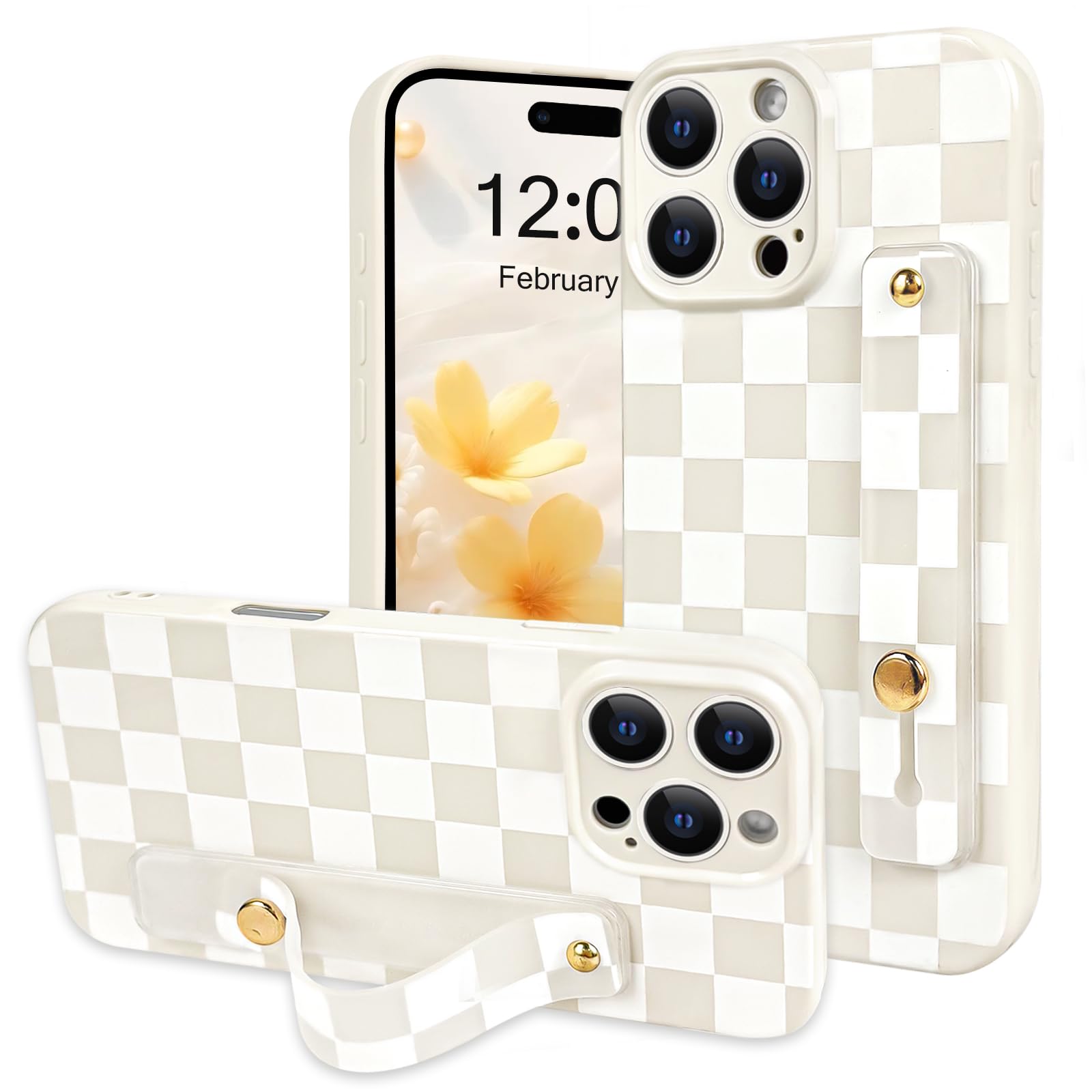 NITITOP Compatible with iPhone 16 Pro Case with Wrist Strap Kickstand Cute Trendy Checkerboard Plaid for Women Girls Slim Fit TPU Silicone Shockproof Full Camera Protective Cover - White