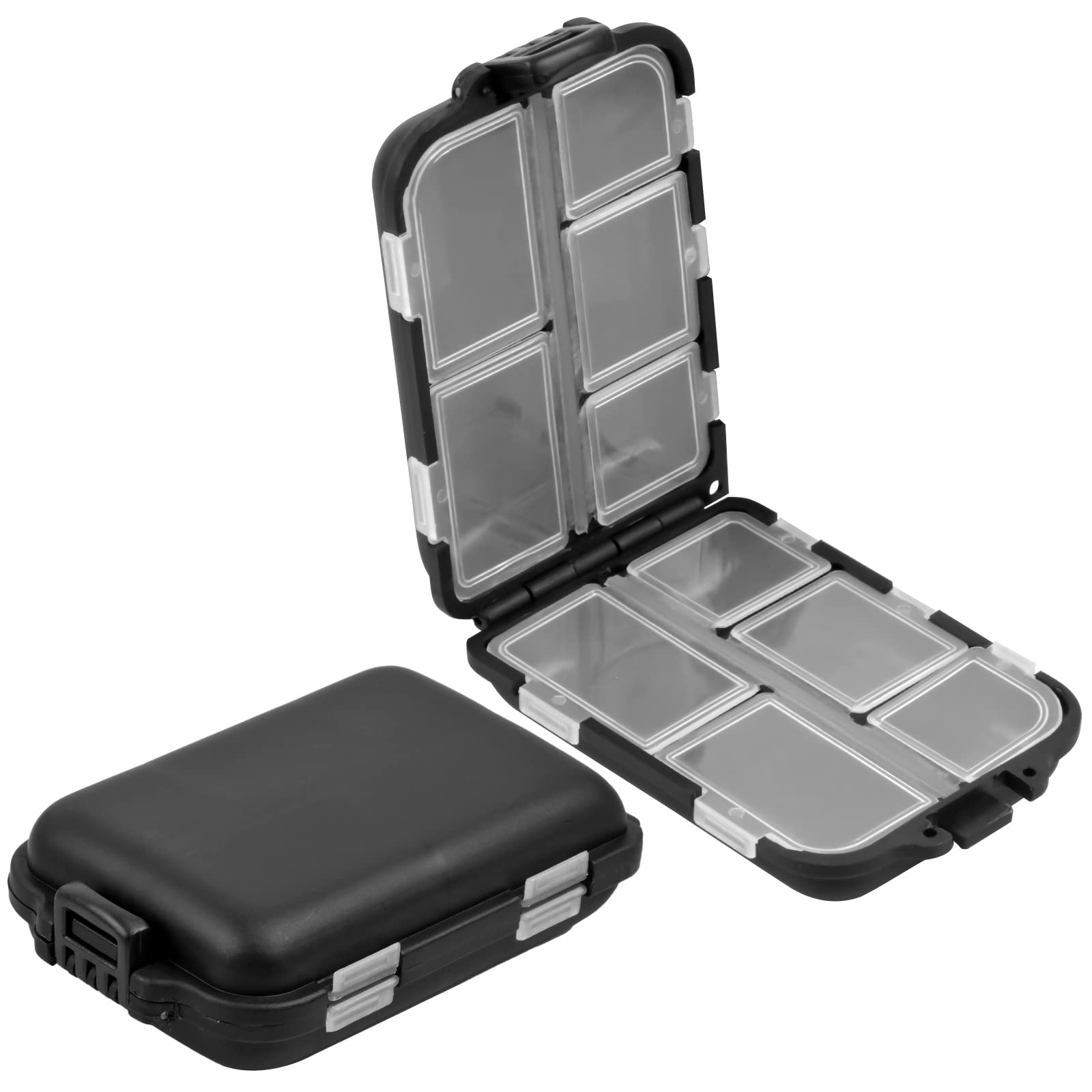 Pinsheng Pack of 2 Plastic Tackle Boxes, 10 Compartments, Small Fishing Lure Boxes, Waterproof Fishing Box, Fishing Box, Bait Container for Fishing Accessories (Black)