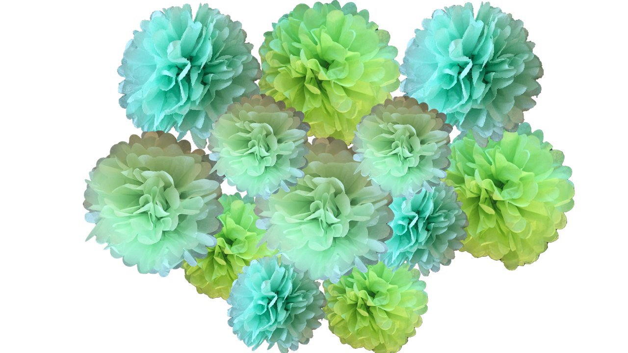 pack of 12 Pack Mixed Tissue Paper Pompom Pom Pom Hanging Garland Wedding Party Decorations (Green Shade, mix 8" & 10" (20 cm & 25 cm))