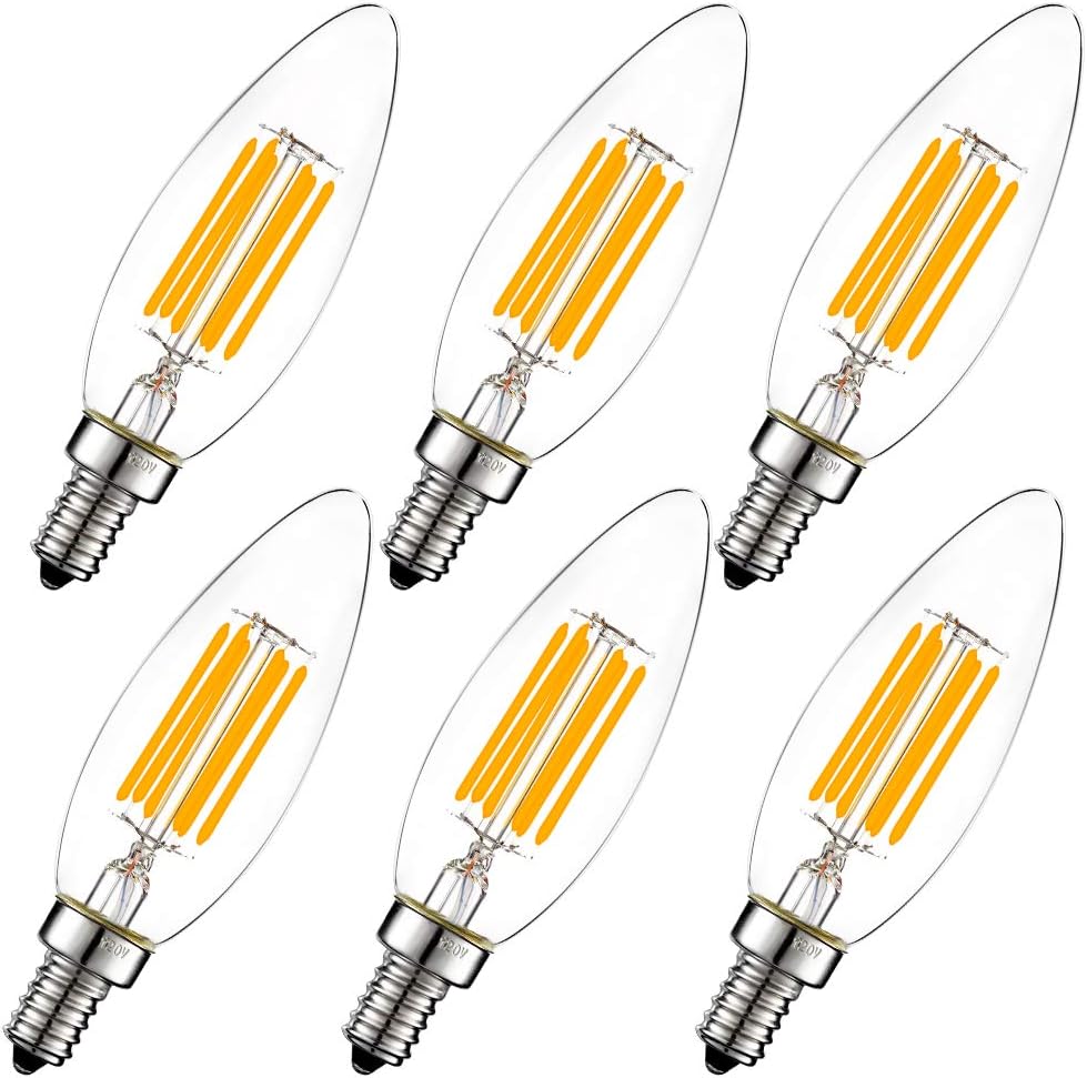 LiteHistory Dimmable B10 led Bulb 6W Equal 60W led Candelabra Bulb 2700k Clear e12 Edison Bulb for Chandelier Light Bulbs and Ceiling Fan Light Bulbs AC120V 600lm b11 led Bulb Torpedo 6Pack - - 