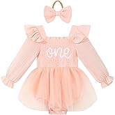 DLLYING Baby Girl First Birthday Outfit Long Sleeve Smocked Fairy Berry One Romper Tulle Dress + Headband