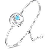 FANCIME Valentines Day Gift Birthstone Bracelets 925 Sterling Silver Moon and Star Bangle Charm Bracelet Fine Jewelry Anniversary Birthday Day Gift for Her Women, Adjustable Chain 6.7"+1.2" Extend