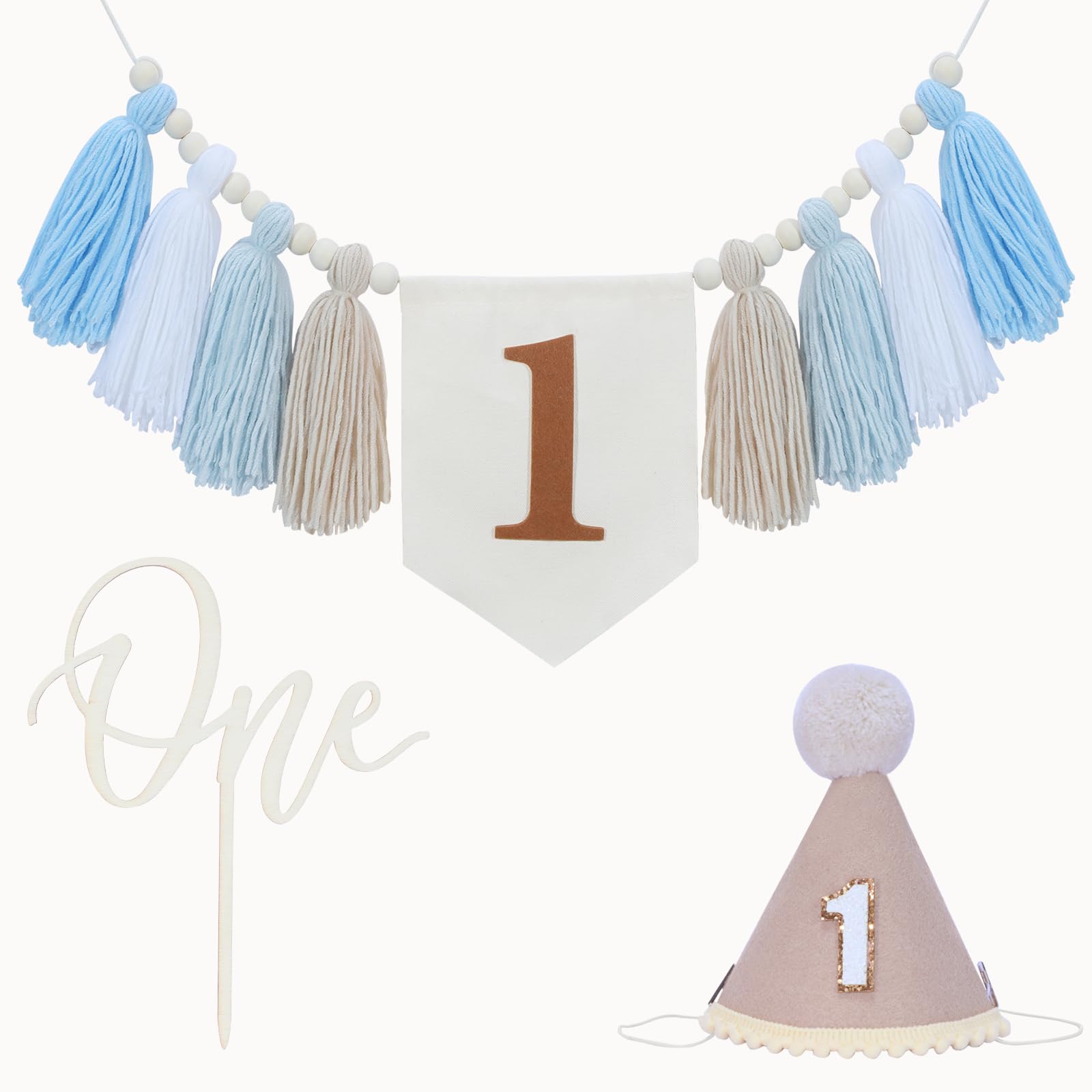 Photo 1 of 1st Birthday Decorations Boy, High Chair Banner First Birthday Decorations Boho Wood Bead Tassel, Baby 1st Party Hat with One Cake Topper