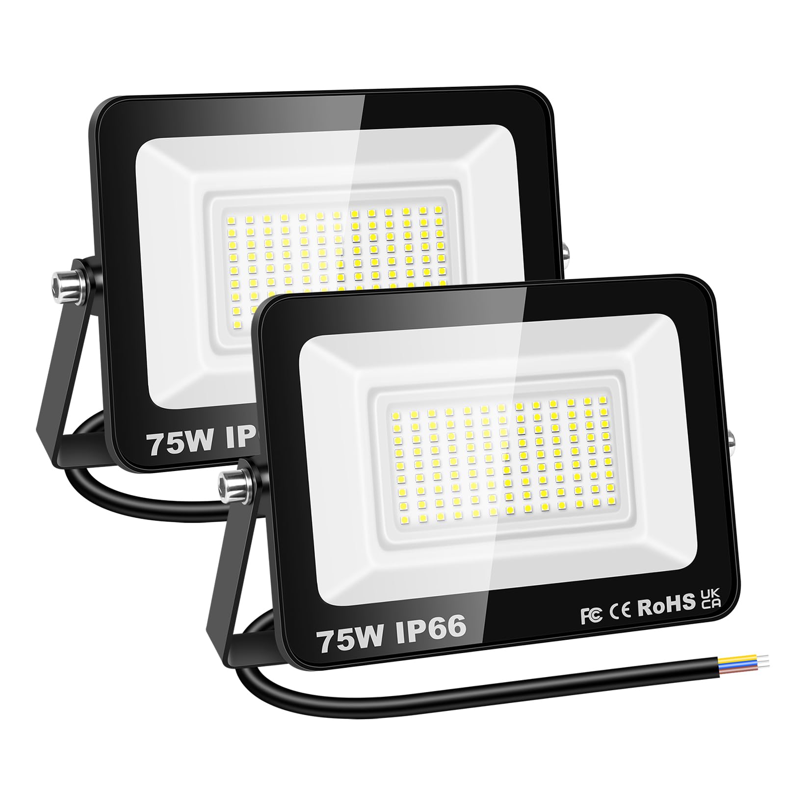 RIGIDON 2 Pcs Outdoor Flood LED Work Light, 75W 7500 Lumens Floodlight, Daylight Cold White Security Lights for Garden Yard Lawn Basketball Football Court Patio Landscape, IP66 Waterproof 6000K
