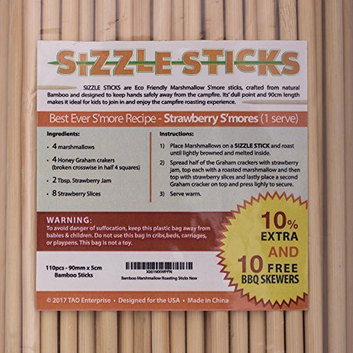 Voted#1 Extra Long Premium Bamboo Marshmallow Roasting Sticks, Kid Friendly, Perfect For Campfire, Fire Pit, S'mores, Hot Dog, Kebab 110 Sticks, 3ft Long, 10% Extra, 10 Free BBQ Skewers & Recipe