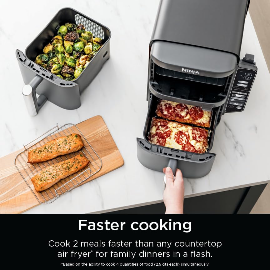 Freidora de aire inteligente Ninja DoubleStack XL de 2 cestas, sistema de cocción inteligente, tecnología DoubleStack Cocine 4 alimentos a la vez, diseño que ahorra espacio, 10 QT, 6 en 1, cocción inteligente con acabado y combinación, freír al aire, asar, hornear SL451