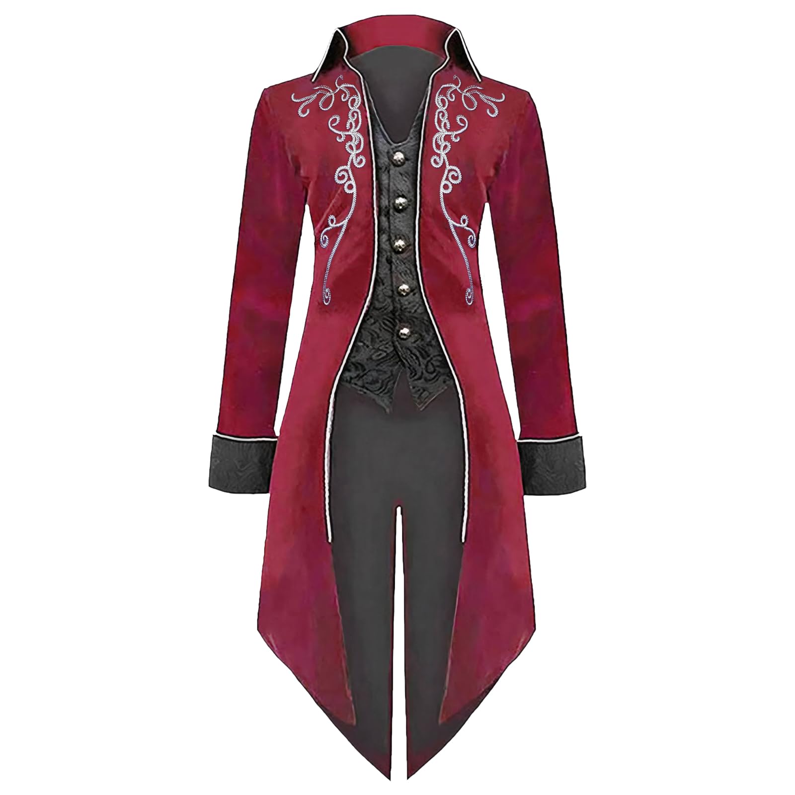 LLTTEER Men Medieval Steampunk Tailcoat Jacket Medieval Renaissance Steampunk Jacket Men's Vintage Gothic Retro Coat Costume for Halloween (Red, 2XL)