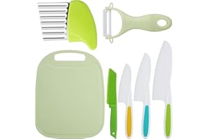 LALOCAPEYO Children's Safety Kitchen Color Knife 7 Piece Suit Plastic Chopping Board Wrinkle Knife with Serrated Edge Plastic