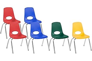 Factory Direct Partners 10366-AS 14" School Stack Chair, Stacking Student Seat with Chromed Steel Legs and Nylon Swivel Glides for in-Home Learning or Classroom - Assorted Colors (6-Pack)