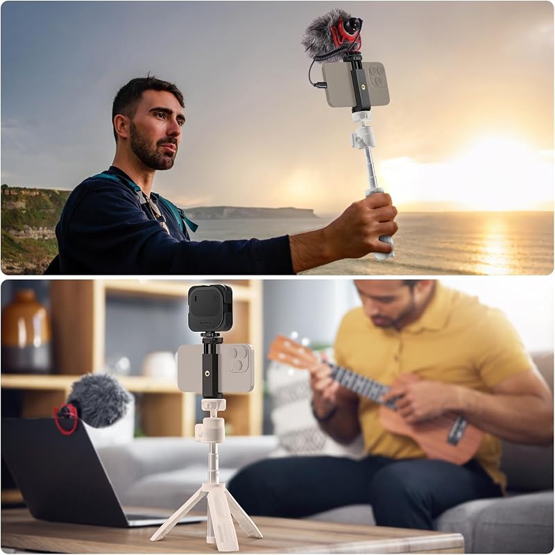 BASICS Mini Tisch Selfie Stick Stativ kompatibel mit iPhone GoPro Insta360 DJI, tragbare kleine Kamera, Webcam Android Handyhalterung, Kugelkopf, erhöhte Achse, Videoaufnahme Ständer, TP43 Weiß