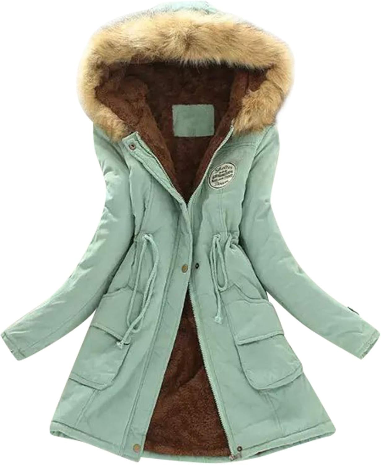 Qinnyo Jacket Winter Coats for Women Hooded Warm Winter Parka Thicken Fleece Lined Parkas Long Coats with Fur Trim: Clothing