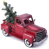 Vintage Red Truck Christmas Decor With Removable Tree - 6.7 Inch Metal Farmhouse Centerpiece