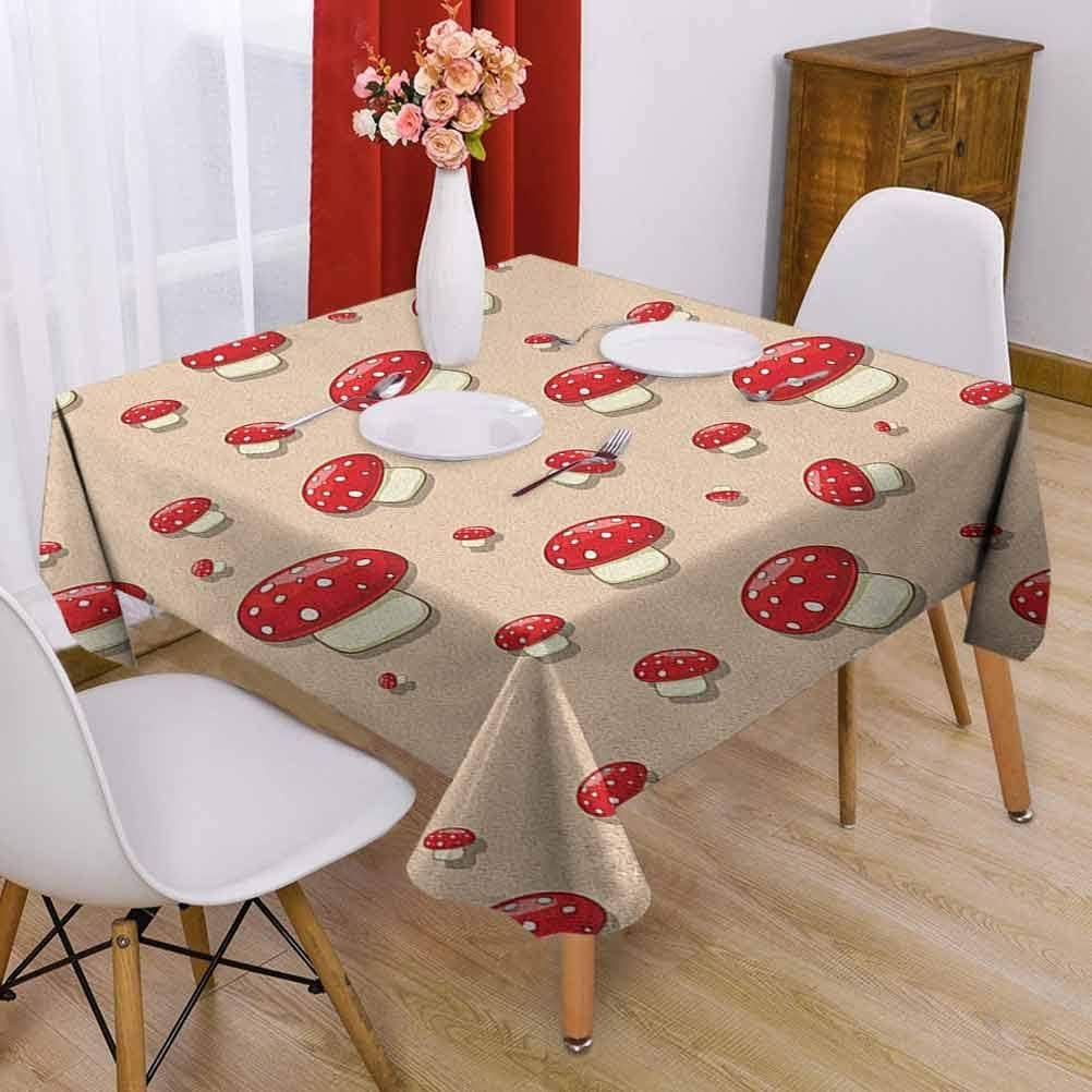 Mushroom Coffee Square Tablecloth 63 x 63 inch Amanita Toxic Mushroom Illustration Spotted Summer Woodland Forest Clip Art for Parties Ivory Red Tan