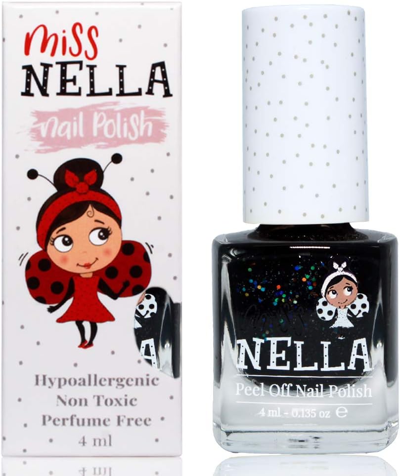 Miss Nella SURPRISE PARTY- Safe Special Black Glitter Nail Polish for Kids Non-Toxic & Odour Free Formula for Children and Toddlers Natural Water Based for Easy Peel Off