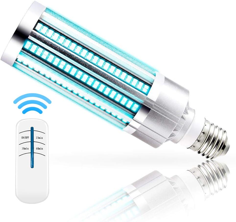 UV Germicidal Lamp, 60W E26 Led Light Bulb Ozone Free, Remote Control Led UVC Light Bulb (Timer 30 min / 1 Hour), Suitable for Warehouse, Supermarket, Bedroom, Restaurant, ect