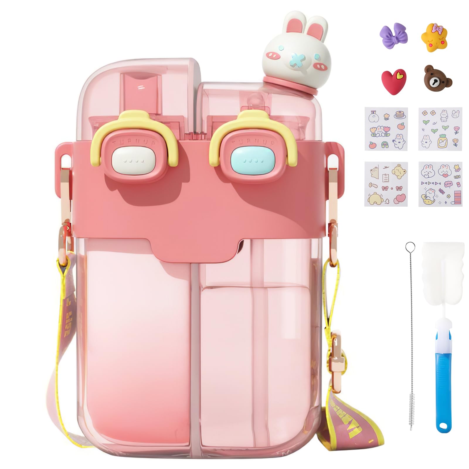 Luqixcey Cute Water Bottle with Double Straw, 780ml Portable Plastic Drinking Bottle Double Storage, Animal Decorations and DIY Stickers, Large Capacity for Travel Sports Outdoor