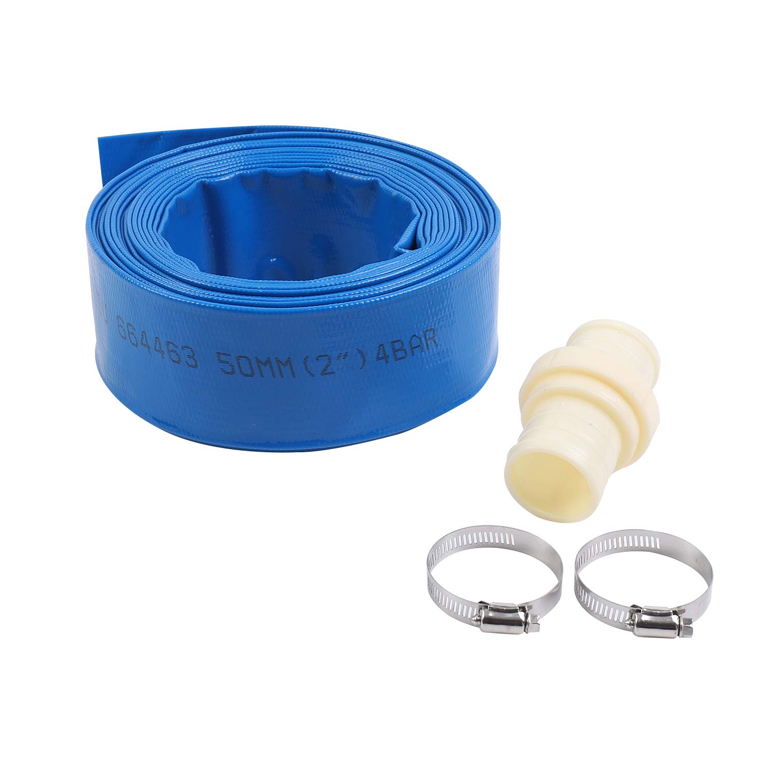 KATSU Layflat Discharge Hose Pipe 10m x 50mm 2-Inch Diameter with 2 Clips and Quick Coupler Connector, Fits Submersible & other Water Pumps for Draining Pond, Garden Irrigation, Hot Tub, Swimming Pool